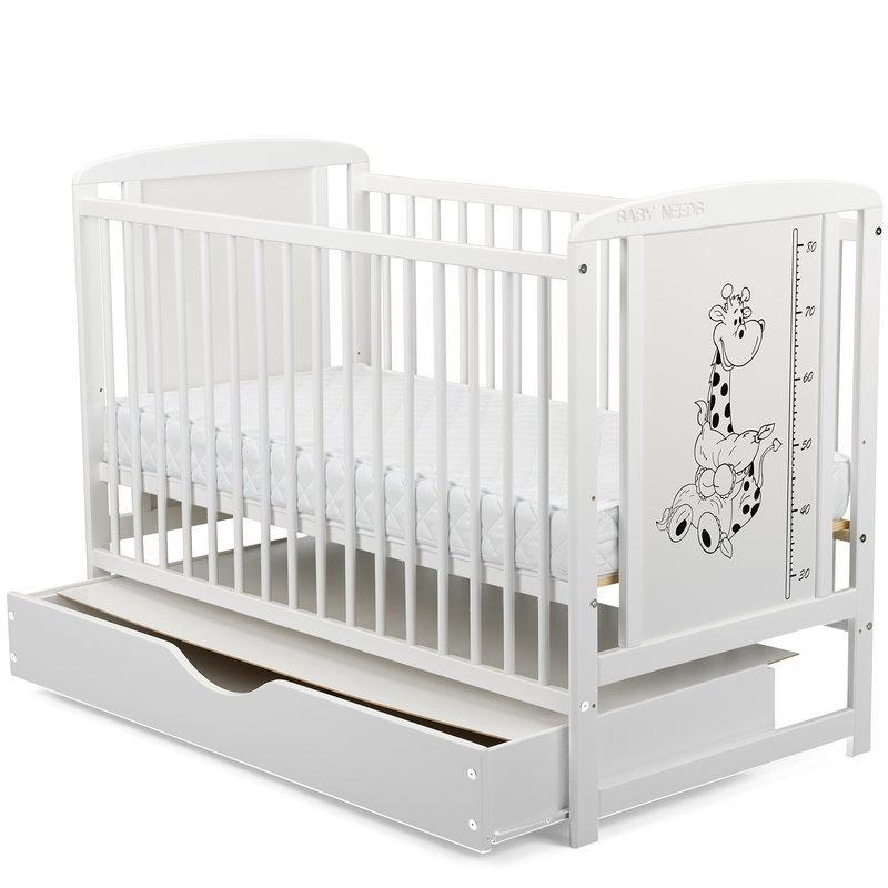 BabyNeeds - Patut din lemn Timmi Girafa 120x60 cm cu sertar Alb + Saltea 8 cm