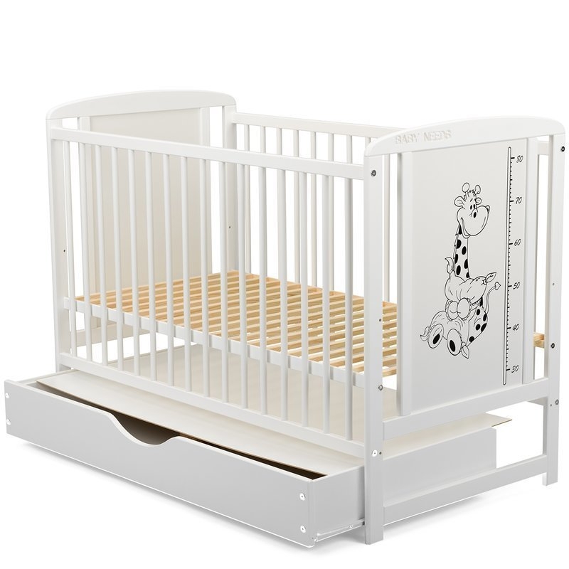 BabyNeeds - Patut din lemn Timmi Girafa 120x60 cm cu sertar Alb + Saltea 8 cm