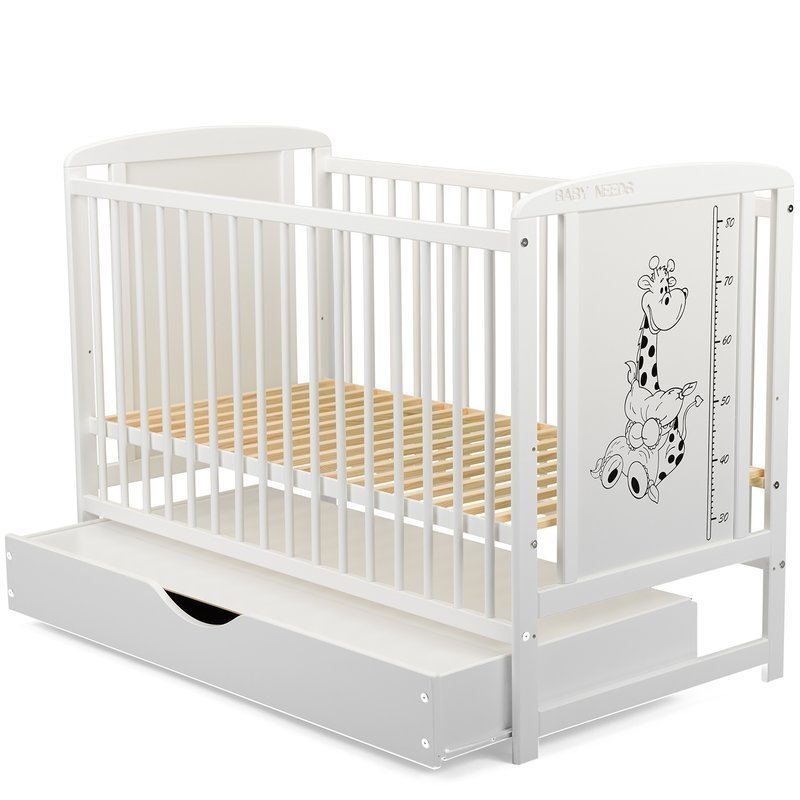 BabyNeeds - Patut din lemn Timmi Girafa 120x60 cm cu sertar Alb + Saltea 8 cm