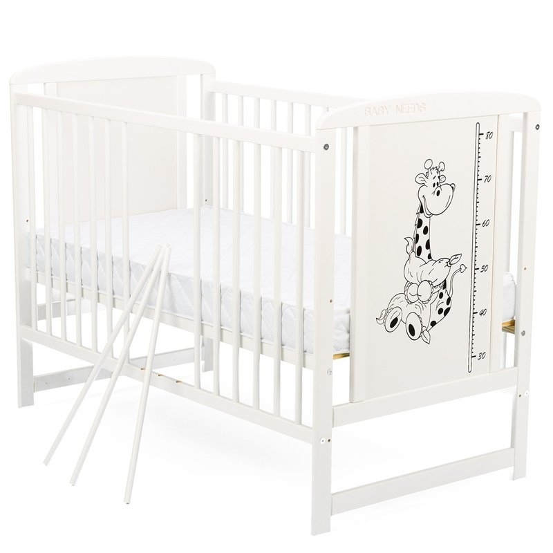 BabyNeeds - Patut din lemn Timmi Girafa 120x60 cm Alb + Saltea 10 cm