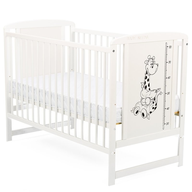 BabyNeeds - Patut din lemn Timmi Girafa 120x60 cm Alb + Saltea 10 cm