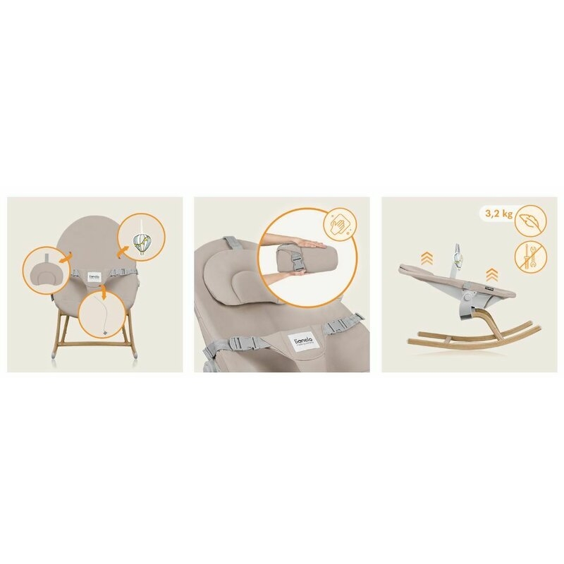 Balansoar, Lionelo, Dalia, 4 in 1, Inaltime reglabila in 2 pozitii, Cu husa detasabila, Cu bara de jucarii, Pana la 9 kg, Bej