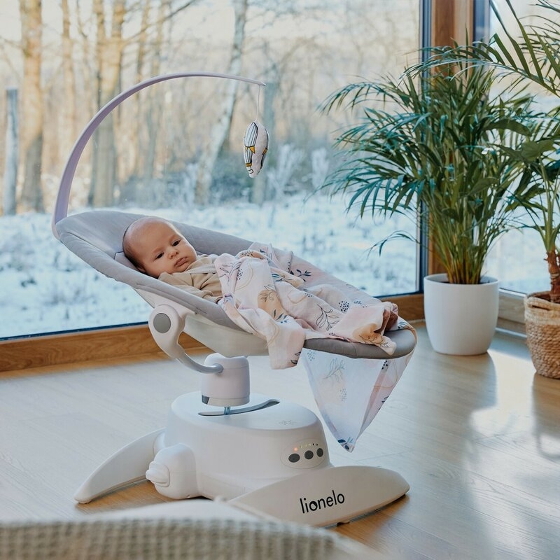 Balansoar, Lionelo, Iris, 2 in 1, Rotire 360 grade, Electric, Cu 3 moduri de leganare, Cu 5 trepte de viteza, Cu 3 pozitii de inclinare, Pana la 9 kg, Gri