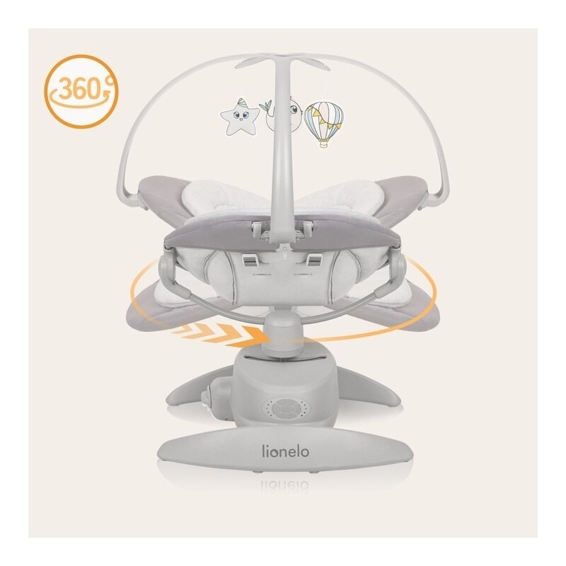 Balansoar, Lionelo, Mell, 2 in 1, Rotire 360 grade, Electric, Cu 3 moduri de leganare, Cu 5 trepte de viteza, Cu 3 pozitii de inclinare, Cu timer, 12 melodii si 2 sunete ale naturii, Pana la 9 kg, Gri