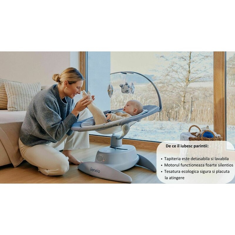 Balansoar, Lionelo, Mell, 2 in 1, Rotire 360 grade, Electric, Cu 3 moduri de leganare, Cu 5 trepte de viteza, Cu 3 pozitii de inclinare, Cu timer, 12 melodii si 2 sunete ale naturii, Pana la 9 kg, Bej