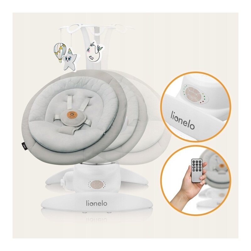 Balansoar, Lionelo, Mell, 2 in 1, Rotire 360 grade, Electric, Cu 3 moduri de leganare, Cu 5 trepte de viteza, Cu 3 pozitii de inclinare, Cu timer, 12 melodii si 2 sunete ale naturii, Pana la 9 kg, Bej
