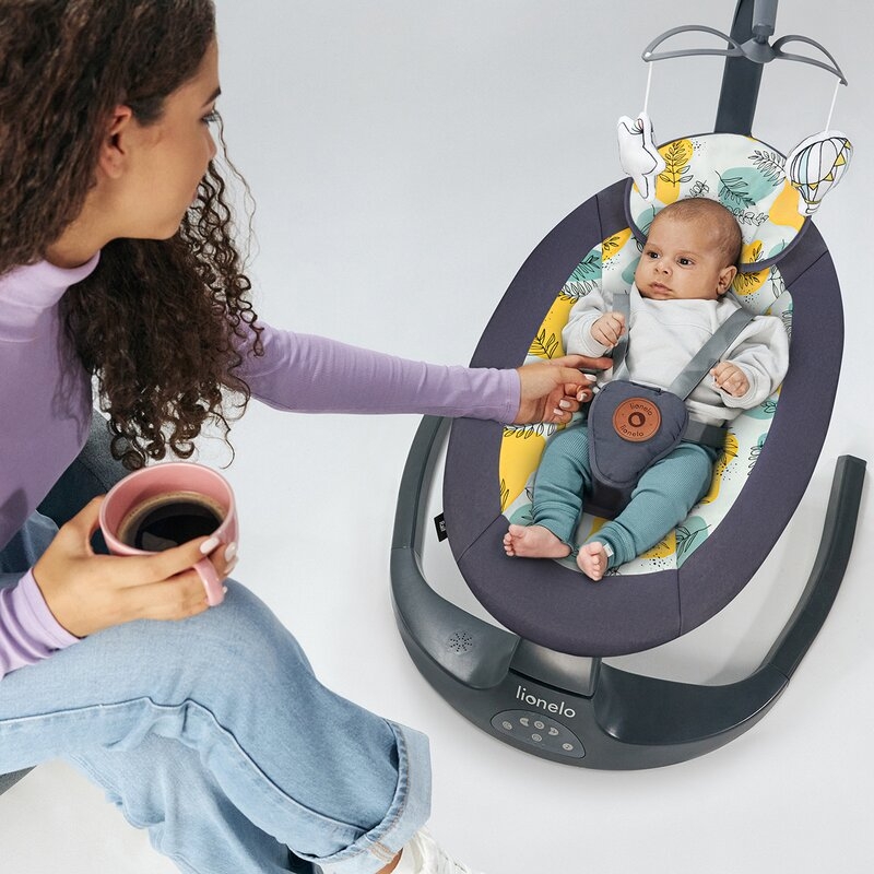 Balansoar si sezlong, Lionelo, Ralf, 2 in 1, Electric, Cu telecomanda si cablu USB, Cu miscare laterala de balansare si 5 niveluri diferite de viteza, Cu 12 melodii, Gri/Alb