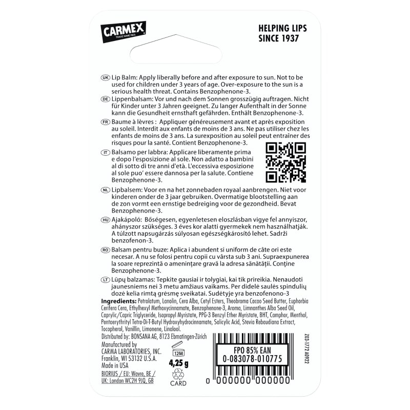 Balsam reparator pentru buze uscate si crapate cu aroma de rodie SPF 15, 4.25 g, Carmex