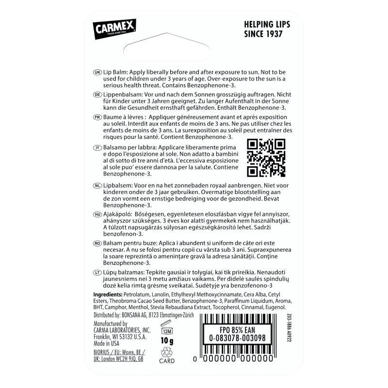 Balsam reparator pentru buze uscate si crapate cu aroma de capsuni SPF 15, 10g, Carmex