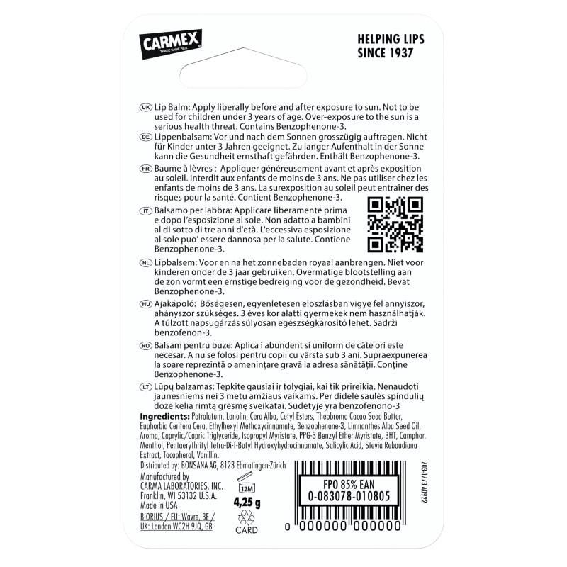 Balsam reparator pentru buze uscate si crapate cu aroma de vanilie SPF 15, 4.25 g, Carmex