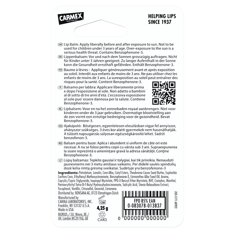 Balsam reparator pentru buze uscate si crapate SPF 15, 4.25 g, Carmex