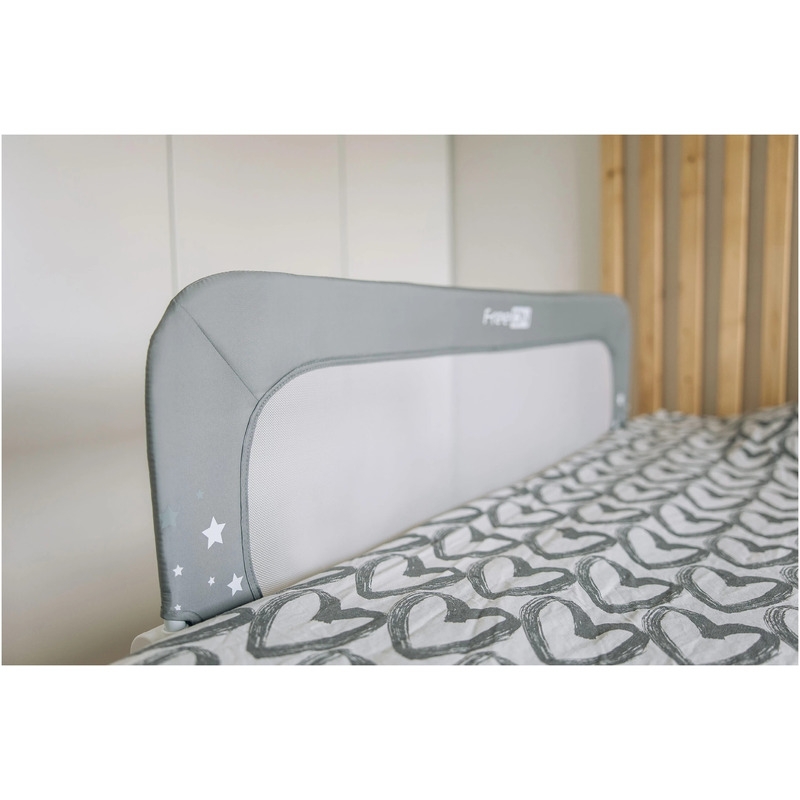 Bariera de protectie pentru pat bebe, Rabatabila, Instalare usoara, Dimensiune 135 x 57 cm, FreeON, Little Stars, Grey