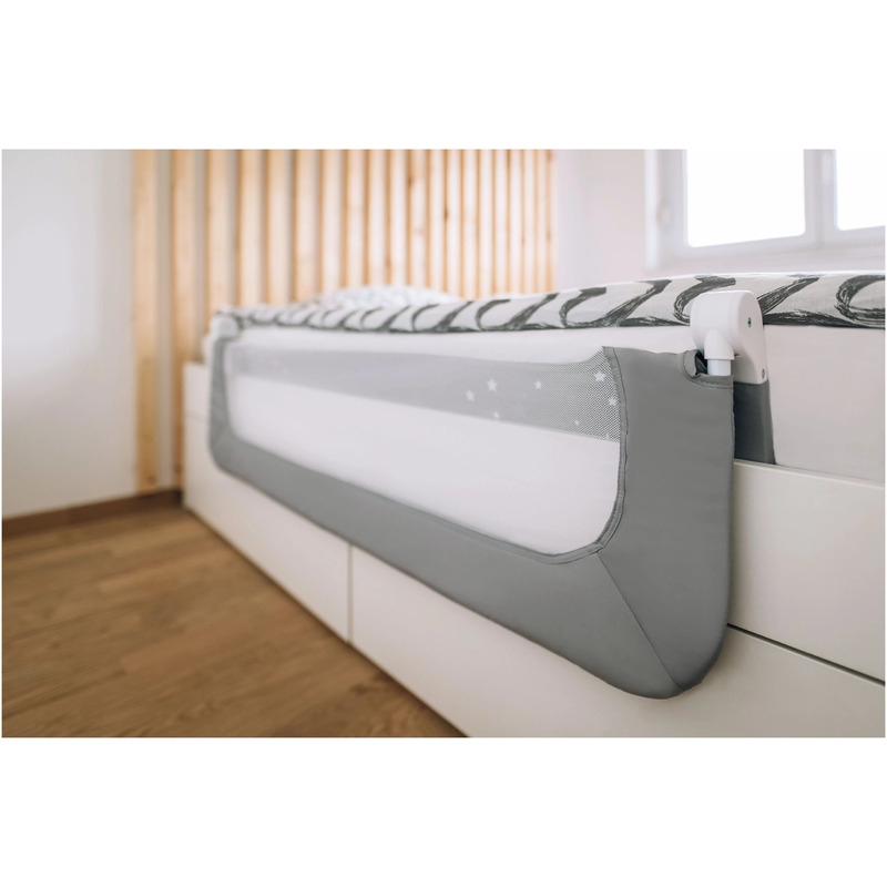 Bariera de protectie pentru pat bebe, Rabatabila, Instalare usoara, Dimensiune 135 x 57 cm, FreeON, Little Stars, Grey