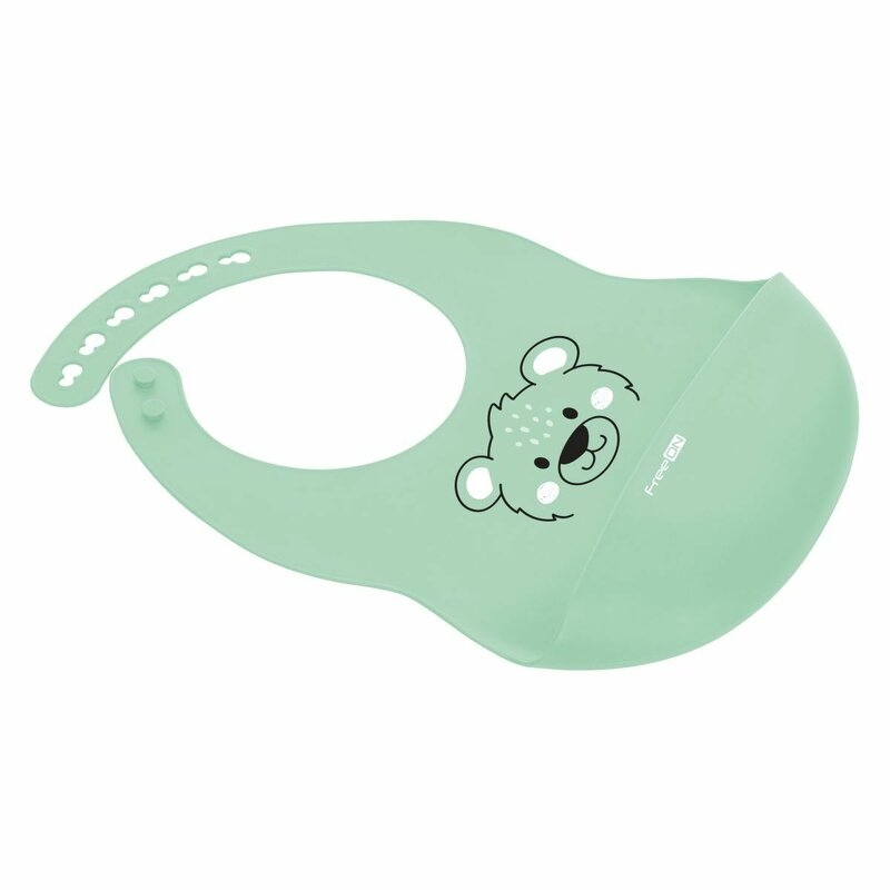 Baveta, FreeON, Moale, Din silicon, Fara BPA, Cu buzunar, 31 x 24 cm, Bear Green