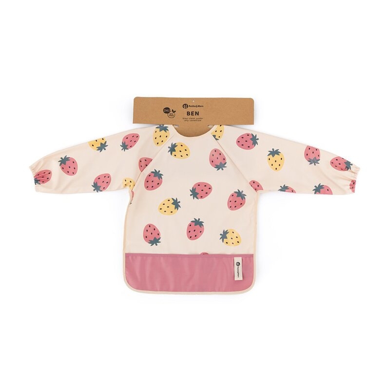 Baveta impermeabila, Petite&Mars, Cu maneci lungi, Usor de curatat, inchidere prin velcro, Dimensiune 38x42 cm, 24 luni+, Beige Strawberies