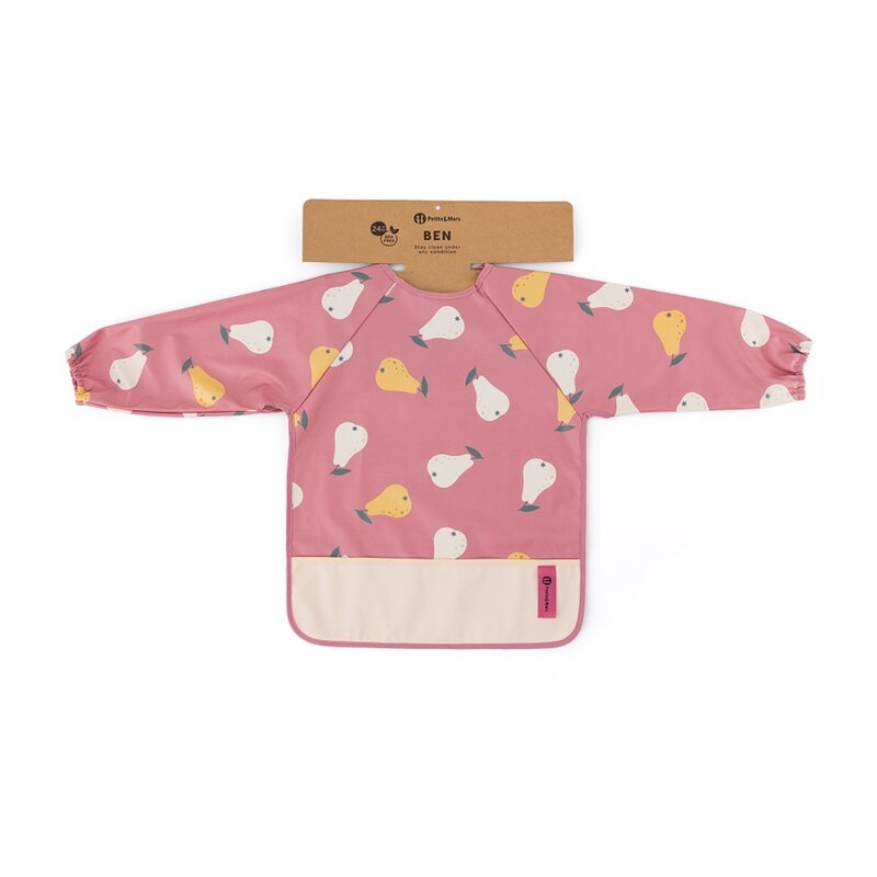 Baveta impermeabila, Petite&Mars, Cu maneci lungi, Usor de curatat, inchidere prin velcro, Dimensiune 38x42 cm, 24 luni+, Pink Pears