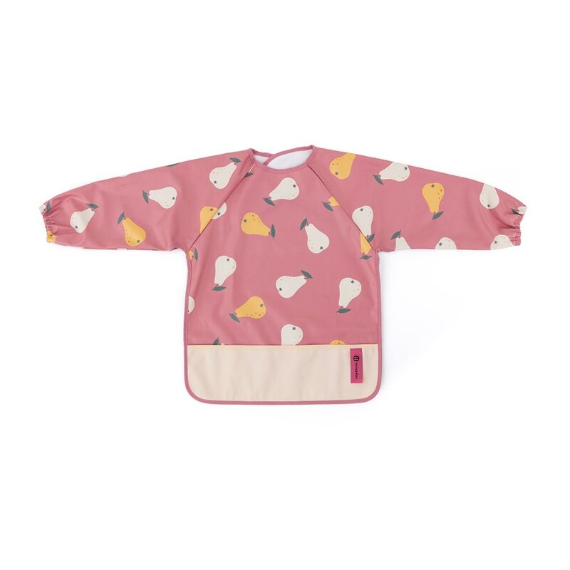 Baveta impermeabila, Petite&Mars, Cu maneci lungi, Usor de curatat, inchidere prin velcro, Dimensiune 38x42 cm, 24 luni+, Pink Pears