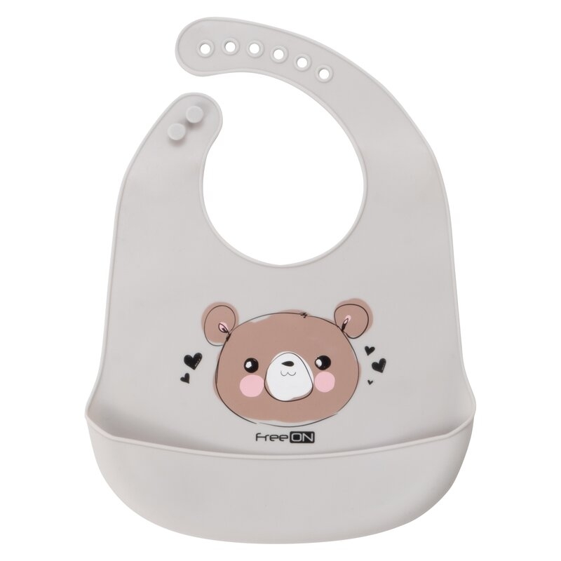 Baveta moale, Din silicon, Cu buzunar, FreeON, 31 x 24 cm, Bear Grey