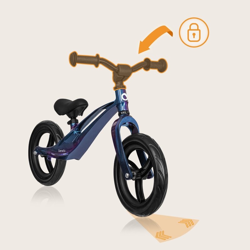Bicicleta fara pedale, Lionelo, Bart, Usoara, Cu cadru din magneziu, Cu ghidon si sa reglabile, Greutate 3 Kg, 12 inch, Conform cu standardul european de securitate EN71, Blue Violet