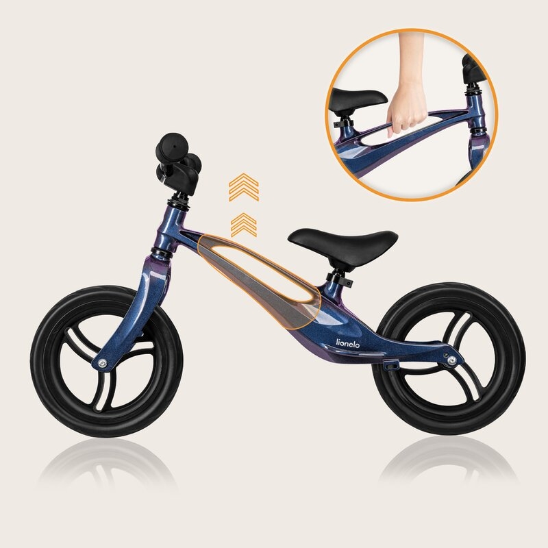 Bicicleta fara pedale, Lionelo, Bart, Usoara, Cu cadru din magneziu, Cu ghidon si sa reglabile, Greutate 3 Kg, 12 inch, Conform cu standardul european de securitate EN71, Blue Violet