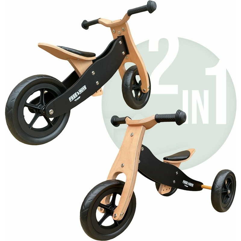 Bicicleta/tricicleta fara pedale din lemn, 2 in 1, Functie de bicicleta echilibru, Sa reglabila, Manere antiderapante, Roti ajustabile, 18 luni – 3 ani, Free2Move, Brown Black