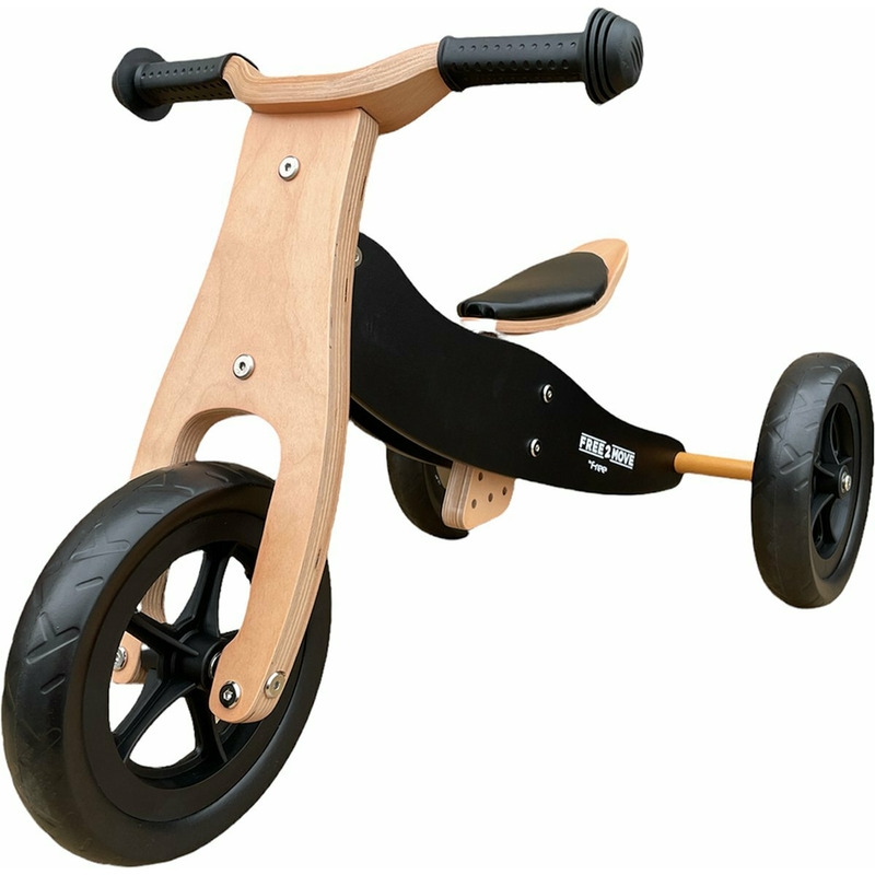 Bicicleta/tricicleta fara pedale din lemn, 2 in 1, Functie de bicicleta echilibru, Sa reglabila, Manere antiderapante, Roti ajustabile, 18 luni – 3 ani, Free2Move, Brown Black