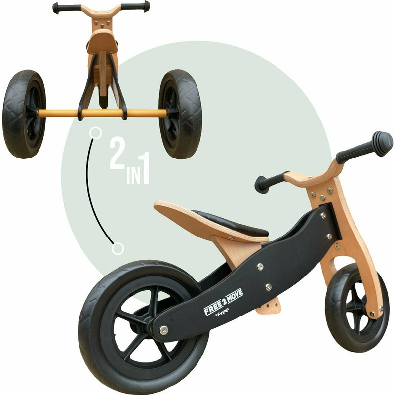 Bicicleta/tricicleta fara pedale din lemn, 2 in 1, Functie de bicicleta echilibru, Sa reglabila, Manere antiderapante, Roti ajustabile, 18 luni – 3 ani, Free2Move, Brown White