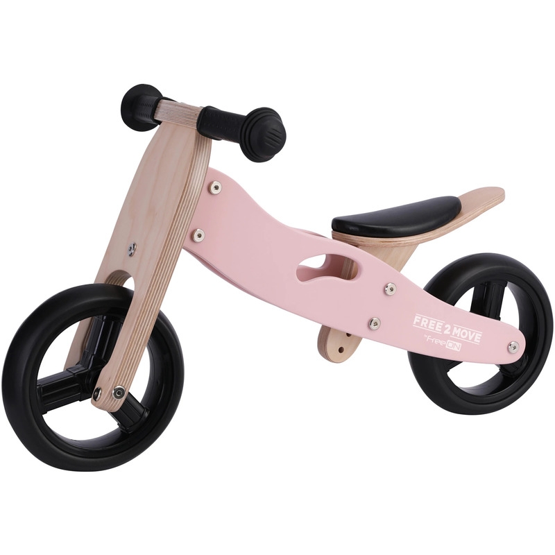 Bicicleta/tricicleta fara pedale din lemn, 2 in 1, Functie de bicicleta echilibru, Scaun reglabil, Roti ajustabile, Manere antiderapante, Varsta 1-3 ani, Free2Move, Dusty Pink