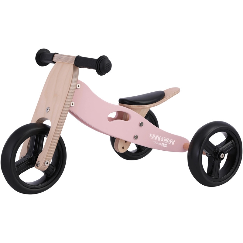 Bicicleta/tricicleta fara pedale din lemn, 2 in 1, Functie de bicicleta echilibru, Scaun reglabil, Roti ajustabile, Manere antiderapante, Varsta 1-3 ani, Free2Move, Dusty Pink