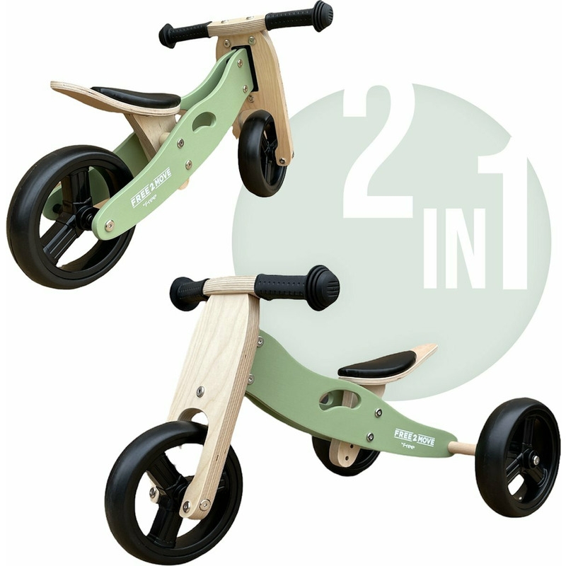 Bicicleta/tricicleta fara pedale din lemn, 2 in 1, Functie de bicicleta echilibru, Scaun reglabil, Roti ajustabile, Manere antiderapante, Varsta 1-3 ani, Free2Move, Mint