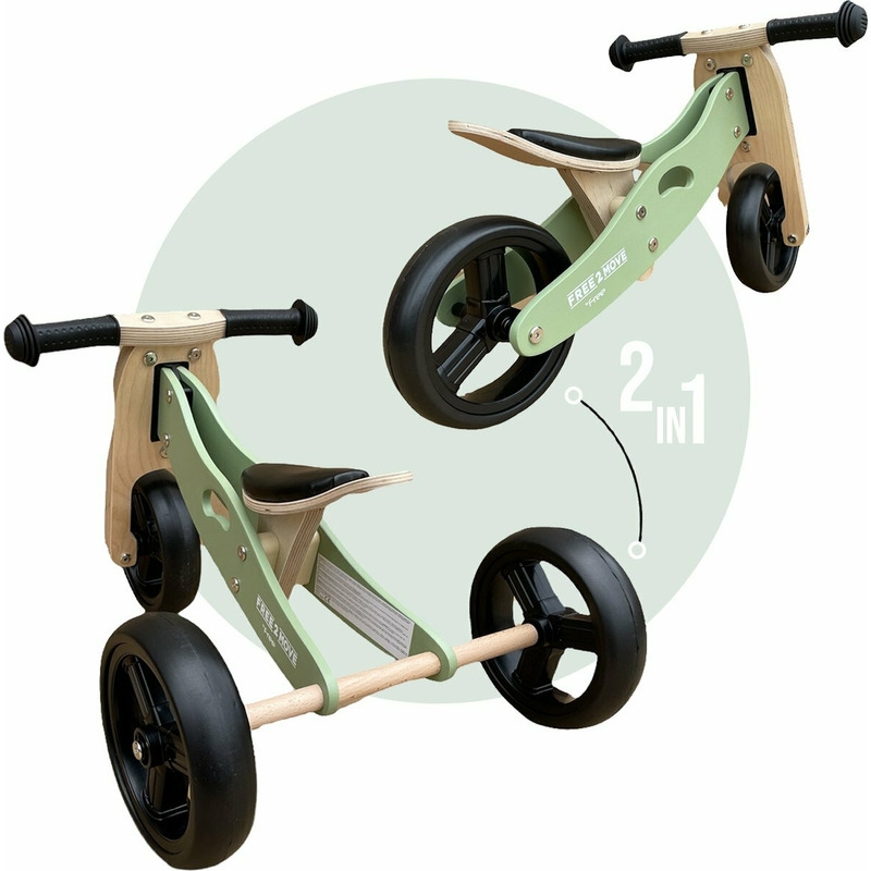Bicicleta/tricicleta fara pedale din lemn, 2 in 1, Functie de bicicleta echilibru, Scaun reglabil, Roti ajustabile, Manere antiderapante, Varsta 1-3 ani, Free2Move, Mint