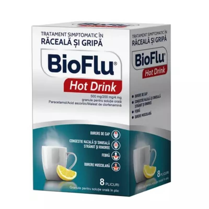 Bioflu Hot Drink 500 mg/200 mg/4 mg granule pentru solutie orala, 8 plicuri, Biofarm
