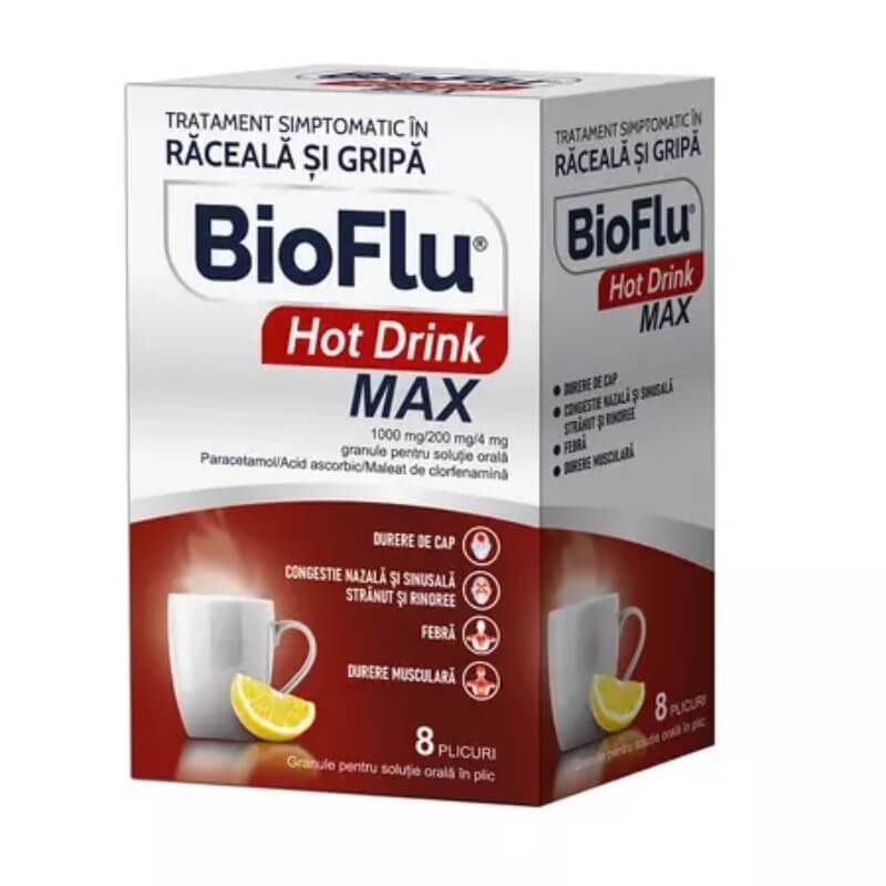 Bioflu Hot Drink Max 1000 mg/200 mg/4 mg granule pentru solutie orala, 8 plicuri, Biofarm