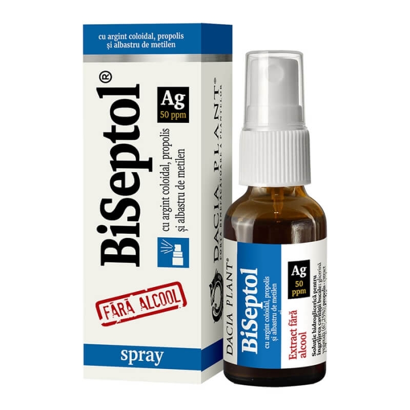 Biseptol spray cu albastru de metilen, argint coloidal si propolis, 20 ml, Dacia Plant Biseptol spray cu albastru de metilen, argint coloidal si propolis, 20 ml, Dacia Plant