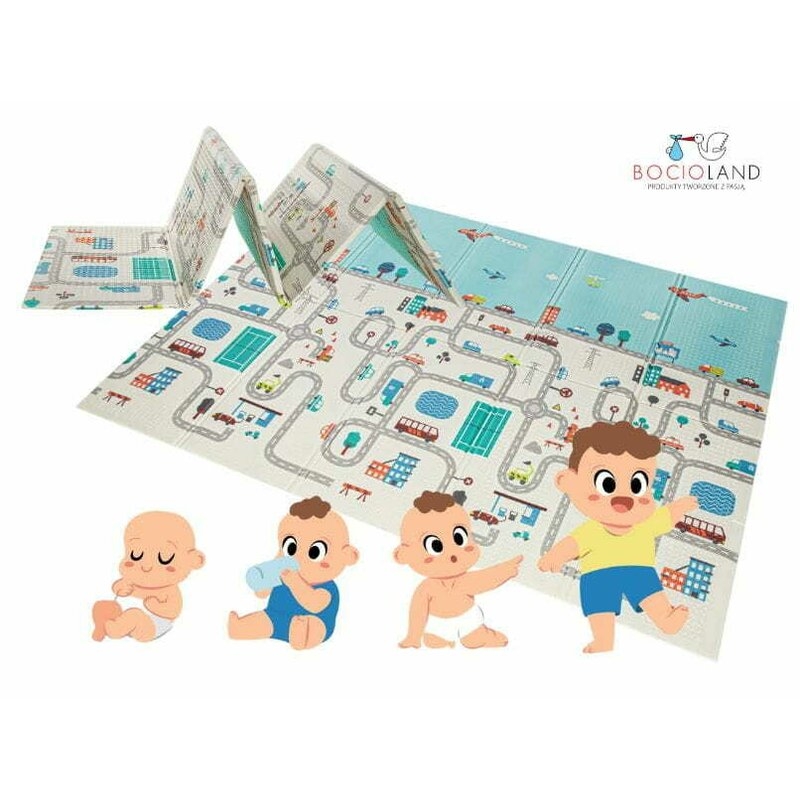 Bocioland - Covoras de joaca City, Pliabil, Protectie impotriva loviturilor, Dimensiune mare, 200 x 150 cm, Cu Imprimeu pe ambele parti, Potrivit pentru utlizare atat in interior, cat si in exterior