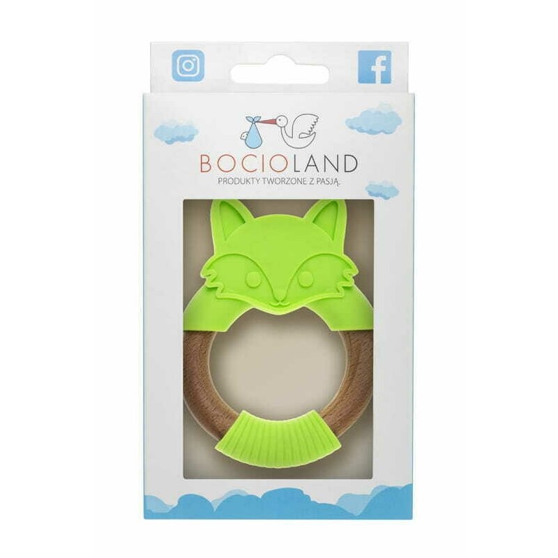 Bocioland - Jucarie de dentitie din silicon si lemn, Vulpe, Verde