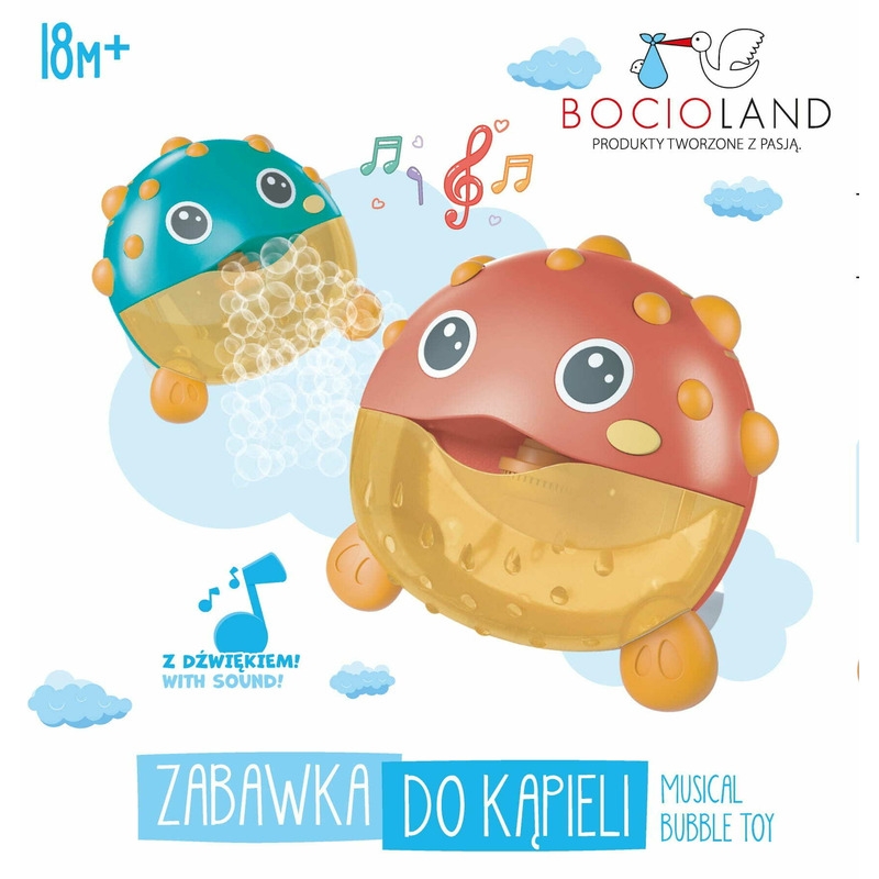 Bocioland - Jucarie Interactiva de baie, Peste cu difuzor pentru baloane de spuma si muzica, Fixare cu Ventuze, Rosu, 20x20 cm