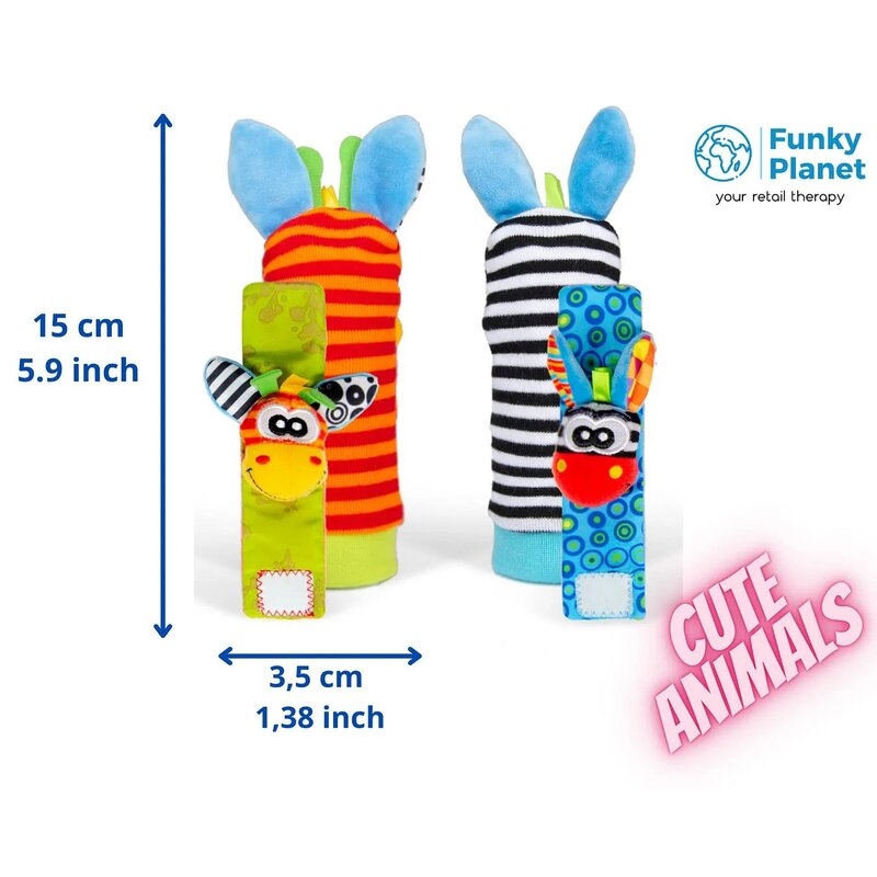 Botosei si bratari cu zornaitoare, Animalute dragute pentru bebelusi, Set 4 piese, 2 pentru maini si 2 pentru picioare, Jungle Wrist Rattle and Foot Finder, Playgro