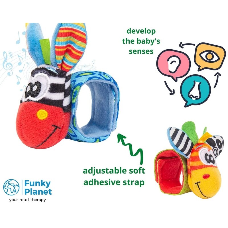 Botosei si bratari cu zornaitoare, Animalute dragute pentru bebelusi, Set 4 piese, 2 pentru maini si 2 pentru picioare, Jungle Wrist Rattle and Foot Finder, Playgro