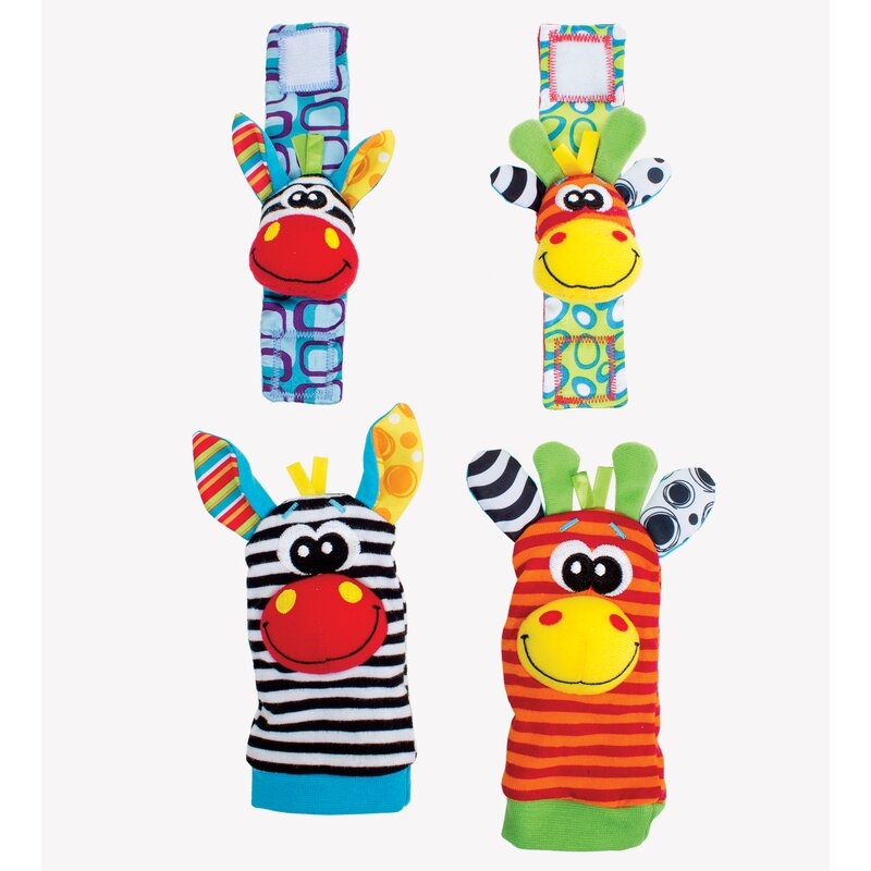 Botosei si bratari cu zornaitoare, Animalute dragute pentru bebelusi, Set 4 piese, 2 pentru maini si 2 pentru picioare, Jungle Wrist Rattle and Foot Finder, Playgro