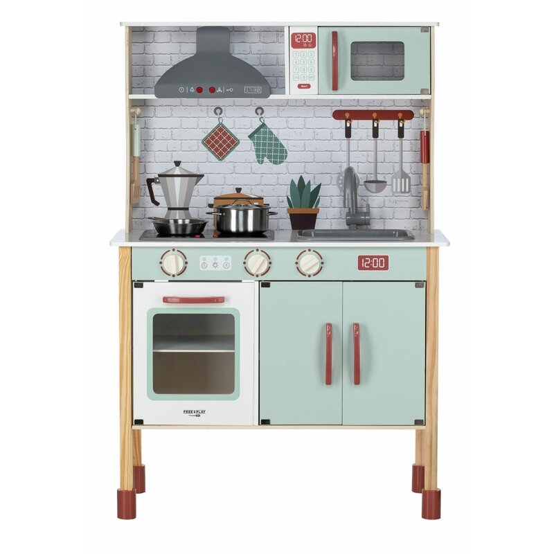 Bucatarie pentru copii, Mini Chef, Din lemn, Cu efecte de sunet si lumina, Cu accesorii, 70 x 30 x 104 cm, Free2Play