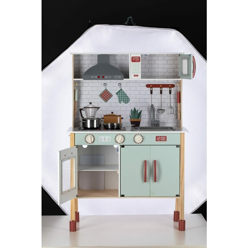 Bucatarie pentru copii, Mini Chef, Din lemn, Cu efecte de sunet si lumina, Cu accesorii, 70 x 30 x 104 cm, Free2Play