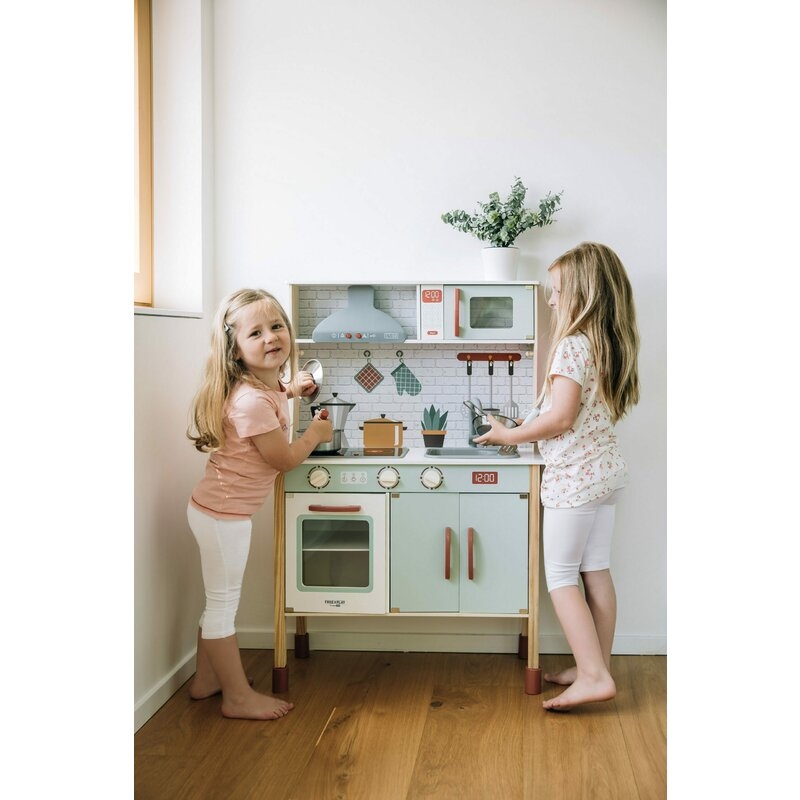Bucatarie pentru copii, Mini Chef, Din lemn, Cu efecte de sunet si lumina, Cu accesorii, 70 x 30 x 104 cm, Free2Play
