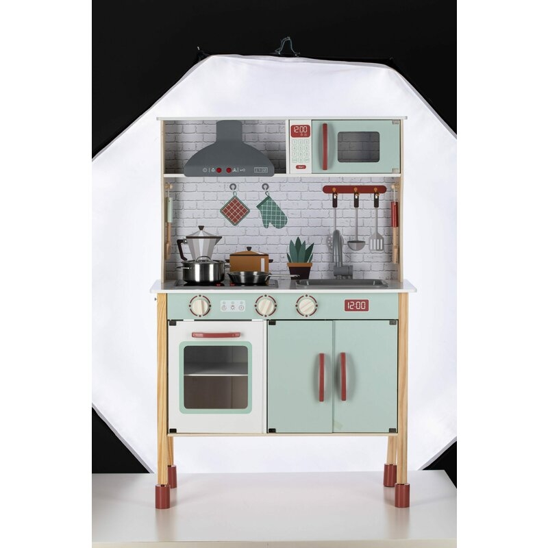 Bucatarie pentru copii, Mini Chef, Din lemn, Cu efecte de sunet si lumina, Cu accesorii, 70 x 30 x 104 cm, Free2Play