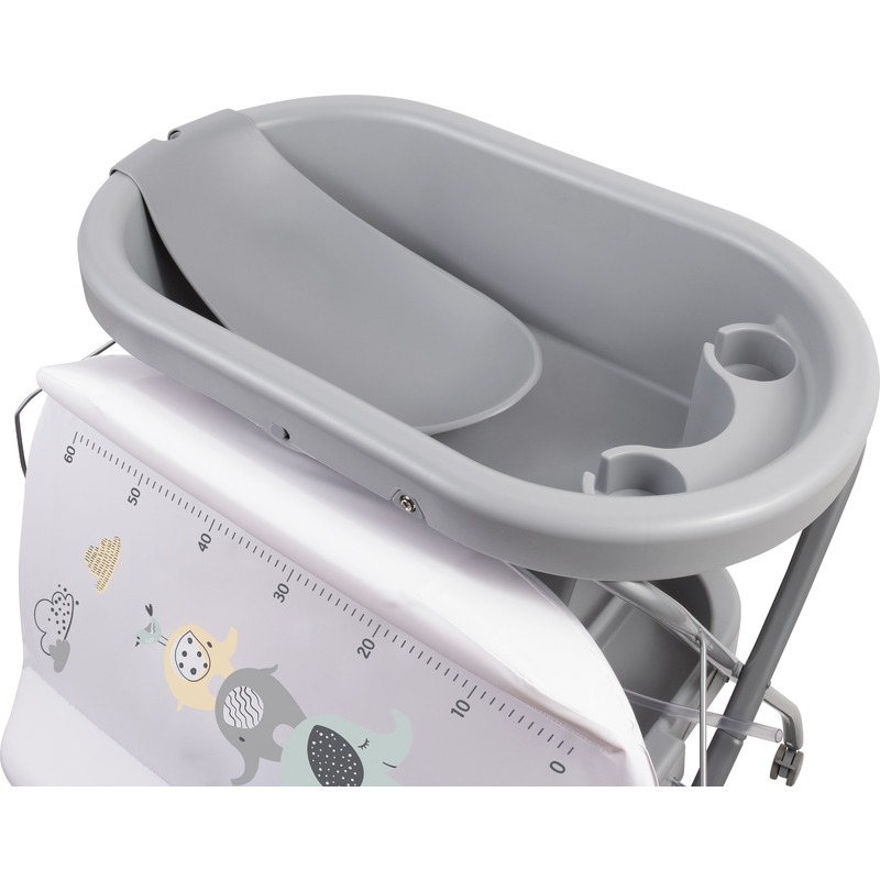 Cadita de baie cu hamac pentru nou nascut si masa de infasat, Cu roti, Cu suport metalic, Conform cu standardul european de securitate EN 12221-1:2008+A1:2013, EN 17072:2018, FreeON, Elephant