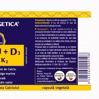 Herbagetica - Calciu+D3 cu Vitamina K2 30caps
