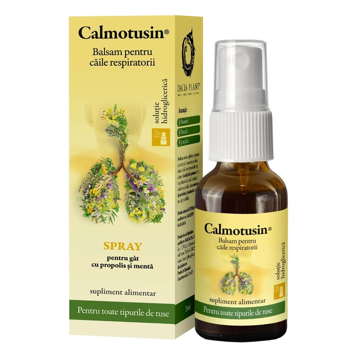 Spray pentru gat cu propolis si menta Calmotusin, 20 ml, fara alcool, Dacia Plant