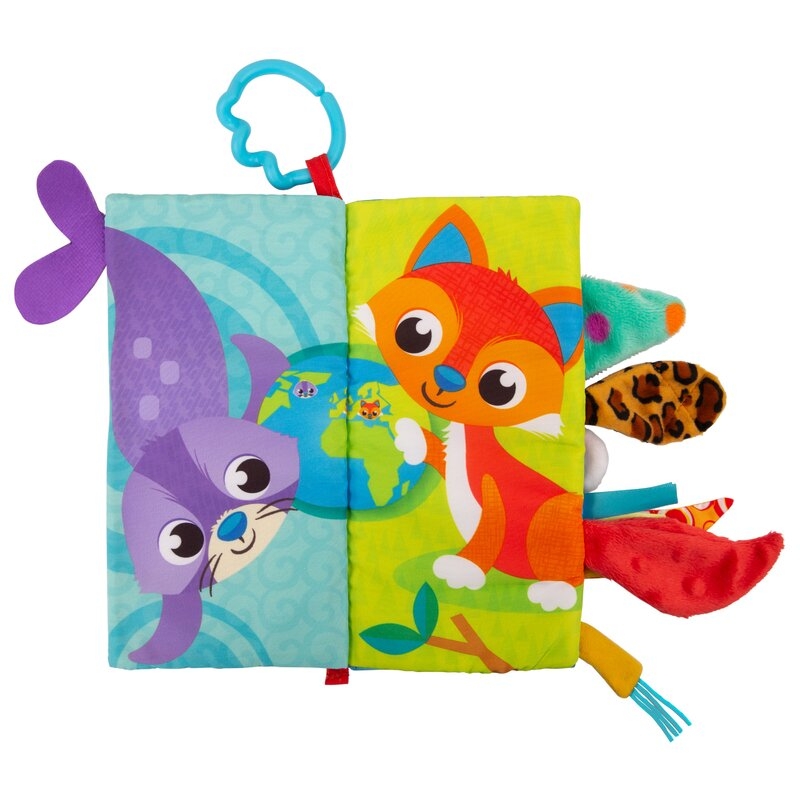 Carticica din plus, Playgro, In forma de carte, Include clema de atasare la carucior, Cu inel pentru dentitie, Cu texturi si culori, 3 luni+, Tails of the World Sensory Book
