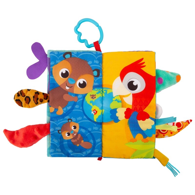 Carticica din plus, Playgro, In forma de carte, Include clema de atasare la carucior, Cu inel pentru dentitie, Cu texturi si culori, 3 luni+, Tails of the World Sensory Book