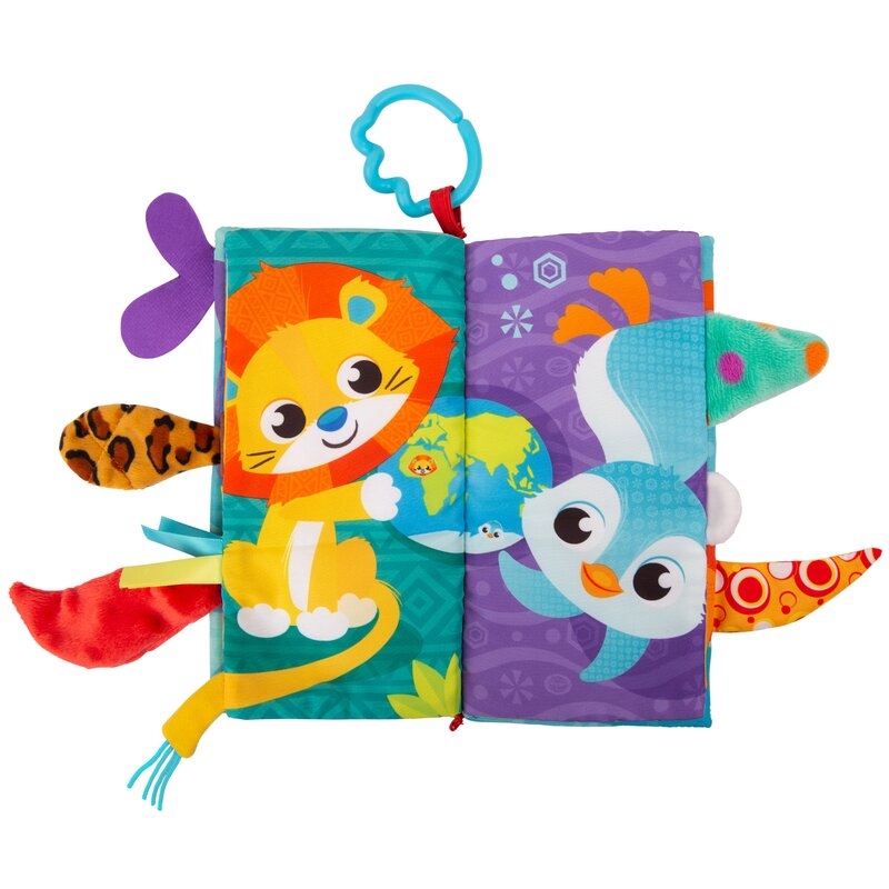 Carticica din plus, Playgro, In forma de carte, Include clema de atasare la carucior, Cu inel pentru dentitie, Cu texturi si culori, 3 luni+, Tails of the World Sensory Book